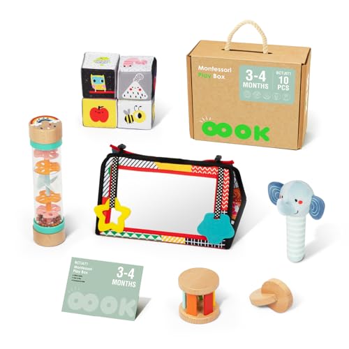 Image of OOOK Montessori Toys for Babies 0-6 Months, 7 in 1 Learning Educational Set Newborn Toys (Includes Tummy Time Toy, Beaded Raindrops, Fabric Blocks, Rolling Drum, interocking Discs)