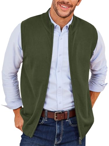 Runcati - Runcati Mens Full Zip Sweater Vest - Sleeveless Cardigan Sweater in Army Green - Best Deal on Amazon