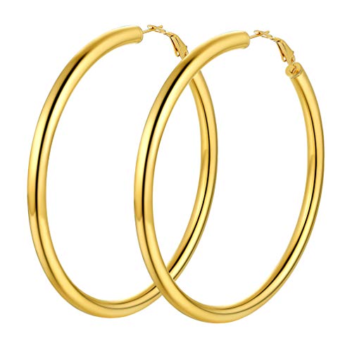 Image of Stainless Steel Chunky Hoop Earrings For Women, Minimalist and Chic, Black /Gold Plated, Round Hoops Earrings Hypoallergenic, Size: 30mm /40mm /60mm /80mm, Come with Box