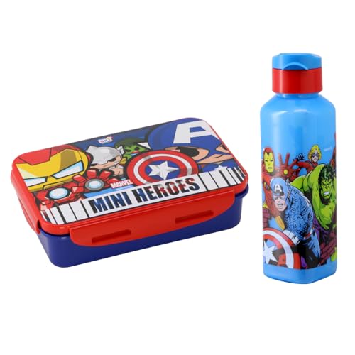 Image of SKi Homeware Lock & Seal Disney Lunch Box + Water Bottle Combo, for School Kids, a Gift for Girls and Boys with Attractive Character Prints and Vibrant Colours (Avengers)