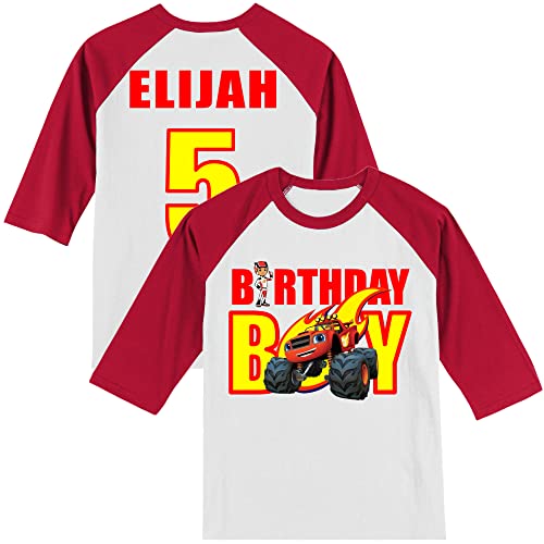 Personalized Blaze Monster Truck Birthday Shirt | Monster Truck | Personalized with Name and Age | Unisex 3/4 Sleeve Raglan T-Shirt