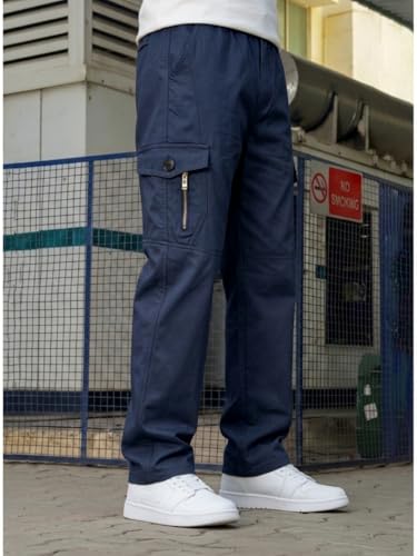 Image of Men's Cargo Pants-100% Premium Cotton Tapered Fit Lightweight Breathable Multi-Pocket Drawstring Utility Casual Trousers