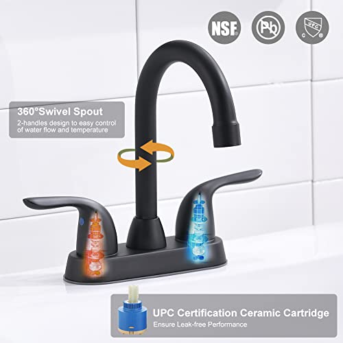 Two Handle Matte Black Bathroom Faucet, Swivel Spout With Pop-Up Drain Assembly | High Arc , With Water Supply Hoses I Easy To Install, Durable & Safety #TOP2