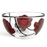 Kosta Boda 8.8' Tattoo Serving Bowl, Hand-Painted Glass - Rose Tattoo Inspired, Wide & Shallow Bowls, For Salad, Popcorn, Chip and Dip, Fruit, Red/Clear