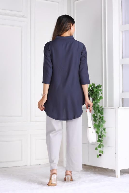 Image of Mlada Rayon Flare Top for Women | 3 /4th Sleeve Regular Fit and Flare Top | Women Office Tops Tunic | Western Long Shirt Top for Women | Shirt Collar Top for Women | Rayon Tunic Tops for Women Western