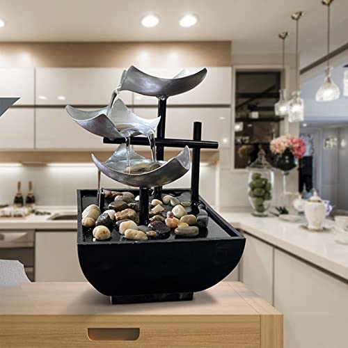 Tuzsocr Zimmerbrunnen 3 Ebenen, Tischbrunnen Wasserfall mit LED Beleuchtung, Moderne Zen Tischdekoration, Meditation & Entspannung, für Haus, Büro, Garten, Wohnzimmer,H 20 cm (Silber)