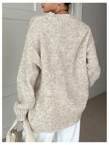 Image of RoseSeek Women's Oversized Crewneck Sweaters Drop Shoulder Long Sleeve Knit Tops Fall Pullovers Apricot Large