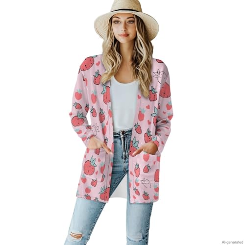 Image of Forchrinse Red Ladybug Cardigan for Women Causal Long Sleeve Open Front Cardigans Sweater Fashion 2024 Fall Coat with Pockets