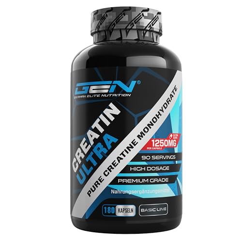 GEN GERMAN ELITE NUTRITION Cápsulas de Creatina Ultra - 180 cápsulas con 1250 mg cada una de monohidrato de creatina puro - Premium: Ultrafino + Factor de malla de 200 - Altamente dosificado