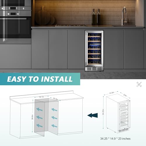 Image of EUHOMY 15 Inch Wine Fridge, 33 Bottle Dual Zone Wine Cooler Refrigerator with Glass Door, Built-In or Freestanding Wine Refrigerator with Digital Temperature Control, for Home, Bar, Office
