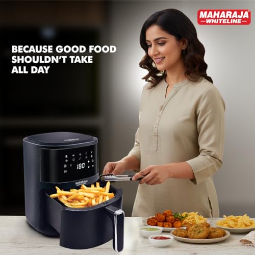 Image of Maharaja Whiteline CrispyChef Pro 1350W Digital Air Fryer (4.5L, Black) | 10-in-1 Multi-Cooking Functions | 360 Crisp Technology | Non-Stick Grill Plate | Oil-Free Healthy Cooking | 2-Year Warranty