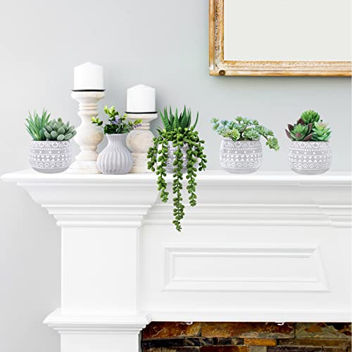 4 Pcs Assorted Small Potted Succulents Arrangements Artificial Succulents In Grey Concrete Ceramic Planters With Geometric Pattern For Party Favor Gift Windowsill Table Indoor Outdoor Greenery Decor #TOP7