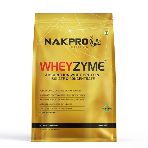 Image of NAKPRO WheyZyme Whey Protein Powder, Isolate & Concentrate | 26g of Protein per Serving | Clinically Tested 100% Higher Protein Absorption (1kg, Double Rich Chocolate)
