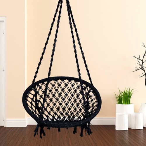 Image of Patiofy Cotton Netted Round Large Swing for Adults /Swing for Balcony /Swing Chair for Adults for Home /Hammock Swing for Adults /Swing Chair Wooden /Without Hanging Kit (120Kgs Weight Capacity- Black)