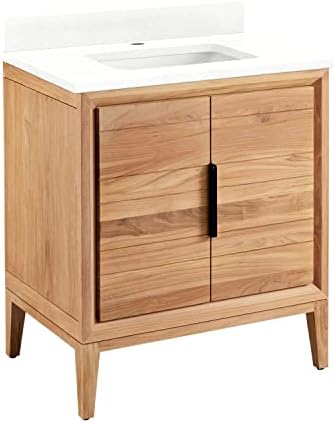 Signature Hardware 459166 Aliso 30" Free Standing Single Vanity Cabinet Set with Wood Cabinet, Vanity Top and Rectangular Undermount Sink - Single Faucet Hole - Natural Teak/Feathered White
