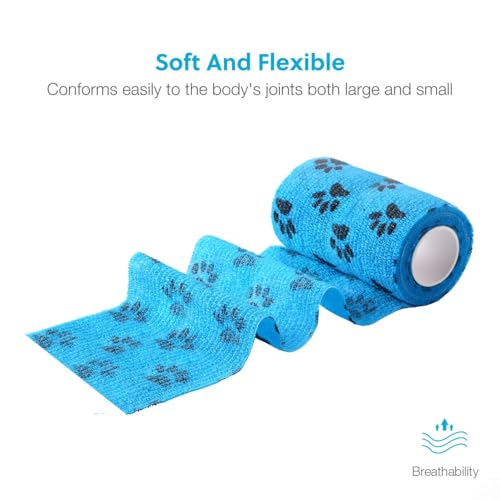 Image of WePet Pet Wrap, Self-Adhesive, Only Sticks to Itself, Non-Woven Tape for Dog Legs, Paws, Wounds, First Aid Cohesive Gauze for Horse, Cat, Bird, Animal, 6 Rolls, 4 Inch, Pawprints A