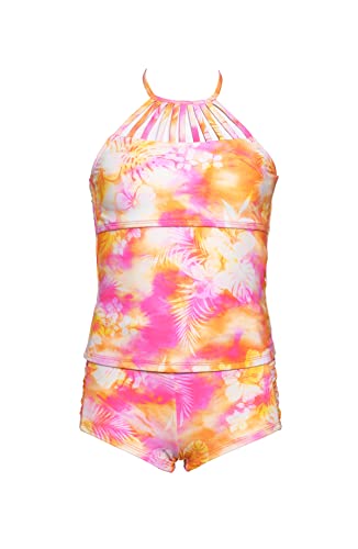 Hobie Girls' Strappy High Neck Tankini Top & Shirred Boyshort Bottom Swimsuit Set