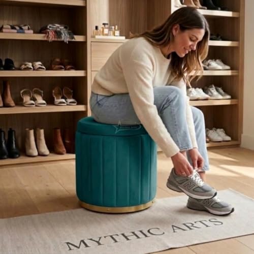 Image of Superior Round Storage Ottoman Stool 13 X 13X 16 inch, with Gold Metal Base | Elegant Pouffe with Secret Storage | Cushioned Footrest for Living Room, Bedroom, and Lounge Aqua
