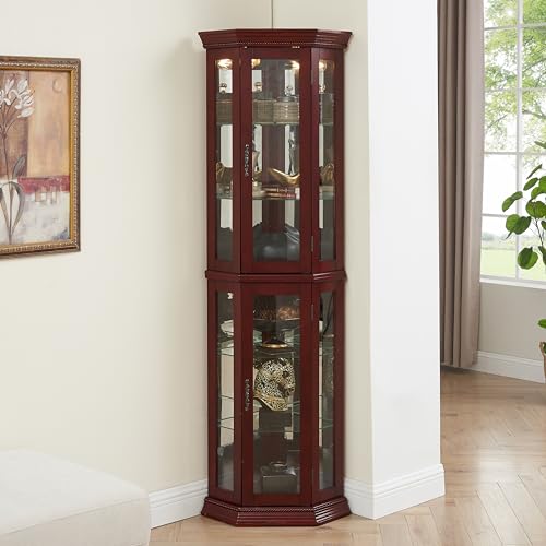 Lighted Display Cabinet Corner Curio Cabinet with Glass Doors,Wood Corner Curio Cabinet with Adjustable Shelves and Mirrored Back Panel,Curio Showcase Floor Stand Collection Art Display Case (Cherry)
