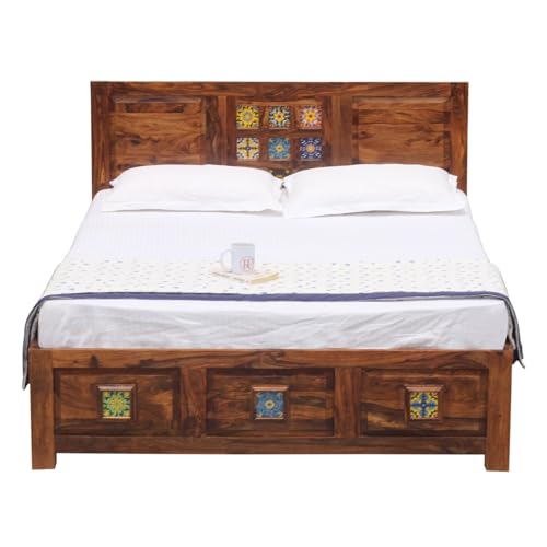 Image of Heritage Tile Design Sheesham Wood Queen Size Bed Without Storage (82x62 Inch) | Wooden Double Bed Cot for Bedroom Furniture | Modern Palang Bed | Honey Finish