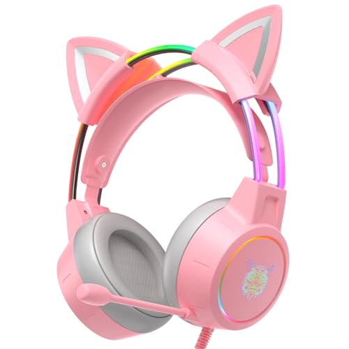 PHNIXGAM Katzenohren Gaming Headset mit Mikrofon, 3,5mm Leichte Kopfhörer mit RGB Aluminium Rahmen, Surround Sound, Kompatibel mit PS4 PS5 Xbox One (Adapter Nicht enthalten) PC Handy, Rosa
