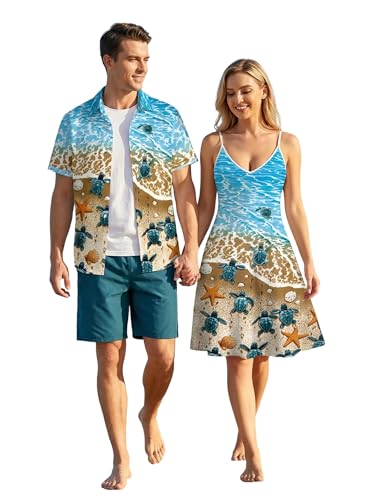 Image of DRESSFO Couple Matching Hawaiian Outfits Gothic Print V Neck Spaghetti Strap Dress or Roll Up Sleeve Shirts Outfit