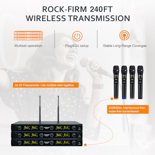 MELONARE UHF Wireless Microphone System, Quad-Channel Wireless Mic Set w/ 4 Handheld Mics, 260 ft, 4X 25 Frequencies, Dynamic Microphones for Singing, Home Karaoke, DJ, Church, Wedding (MWM-40F)