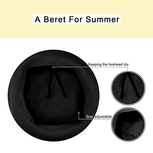 Gllutt Summer Knitted Thin Beret Hat For Women Size Adjustable French Style Solid Color (Thin Black) #TOP2