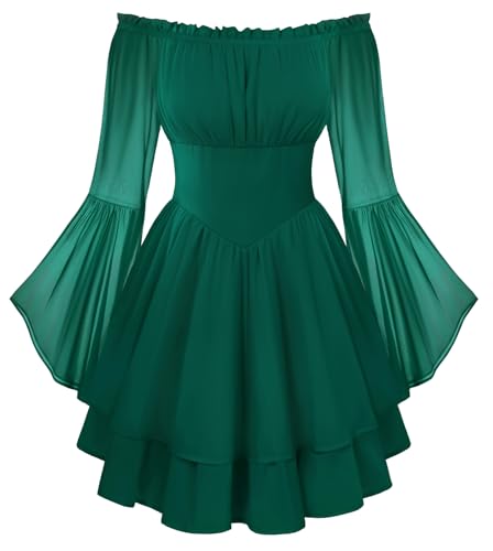 Image of SCARLET DARKNESS Women Medival Off Shoulder Corset Dress Long Sleeve Victorian Midi Dress Green XL