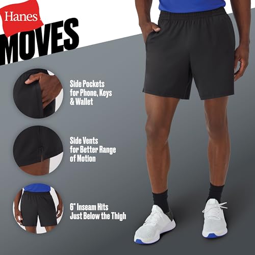 Hanes Men's Moves Performance, Athletic Moisture-Wicking Shorts with Pockets, 6”4