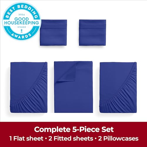 Image of Mellanni Extra Deep Split King Sheets - 5 PC Iconic Collection Bedding | Hotel Luxury, Ultra Soft, Cooling Bed Sheets - Wrinkle, Fade, Stain Resistant (Split King, Royal Blue)