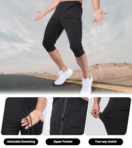 Fioboc 3/4 Joggers for Men with Zipper Pockets, Capri Pants Quick Dry Men's Sweatpants Drawcord Adjusts Workout Pants4