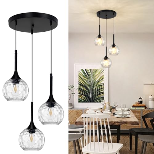 JHLBYL 3 Light Pendant Lighting: 5.91'' Glass Pendant Lights Kitchen Island with Hammered Glass & Black Finish - Modern Minimalist Hanging Light Fixture for Kitchen Sink Dining Room - E26 Base
