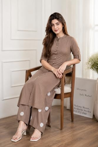 Image of Celary Women's Kurtas & Kurtis|Striped Straight Kurti with Printed Palazzo Pants|Ethnic Kurti Set for Woman|Casual Suit Set for Women with Size S to 3XL|Stylish Dress for Woman