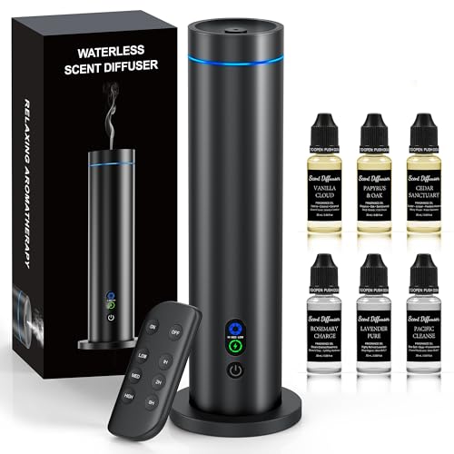 Waterless Diffuser, 1000 Sq.Ft Coverage, Essential Oil Diffuser with Tilt-Safe, Remote Control, Adjustable Mist Mode, Mood Lights Aromatherapy Diffuser for Home, Large Room, Office, Hotel, Black