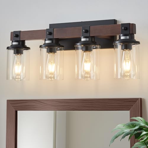 Image of 4 Lights Wood Farmhouse Vanity Lights Fxtures Rustic Bathroom Lights Over Mirror with Clear Glass Shade Black Industrial Wall Sconce for Bathroom Bedroom Hallway Kitchen