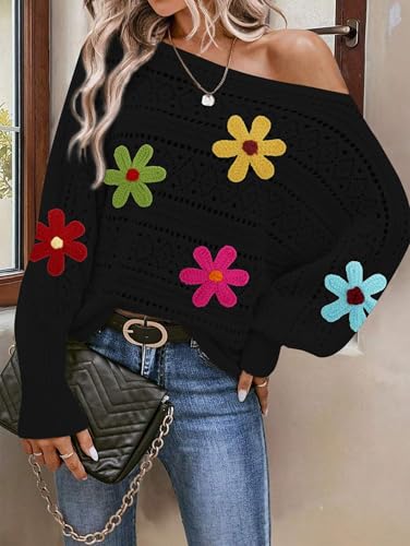 Image of Cakulo Womens Off Shoulder Crochet Sweater Top 2025 Fall Fashion Batwing Long Sleeve Sweaters Outfits Flower Black S