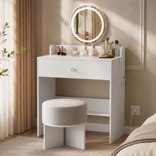 Image of Small Vanity Desk With Power Outlets, Makeup Table for Girls, White