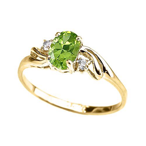 10k Yellow Gold August Birthstone Ring - Oval Peridot CZ & White Topaz | Three Stone Proposal Ring For Her