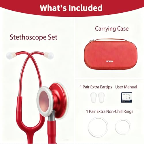 Image of SCIAN Dual Head Stethoscope with Ear Tips for Doctors, Nurses, Medical Nursing Students, Clinical Student Use, Classic Stainless Steel Stethoscope Kit, Red