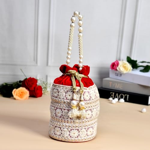Image of Kuber Industries Potli | Velvet Wedding Potli | Beads Handle Potli | Wallet Potli | Christmas Gift Potli | Baby Shower Potli | Lucknowi Potli | Embroidery Potli | Red