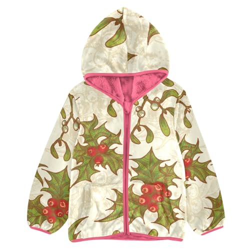 OTVEE Vintage Christmas Holly Twigs Mistletoe Kids Hoodie Jacket Fall Spring Full Zip Warm Outwear Coat