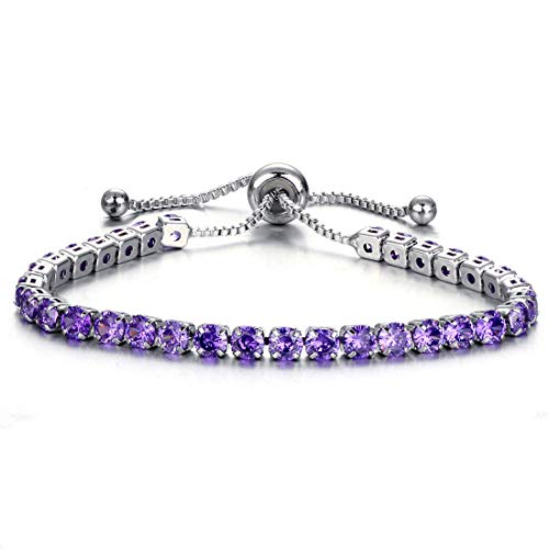 February Birthstone Bracelets for Women Girls Purple CZ Tennis Bracelet Adjustable Bolo Slider Stainless Steel Bracelet with Sparkling Cubic Zirconia