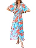 CUPSHE Women's Plunging V Neck Beach Dress Dolman Sleeve Smocked Waist High Split Maxi Summer Dresses with Pockets, Blue Bright Tropical M