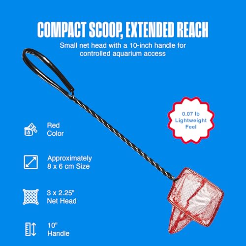 Image of Penn-Plax Infra-Red Quick-Net Aquarium Fish Net - 3 x 2.25 in Fine Mesh, 10 in Vinyl-Covered Braided Handle - Small Aquarium Cleaning Tool for Gentle Fish Handling - Freshwater & Saltwater Tanks - Red