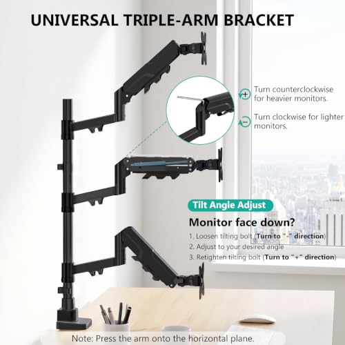 Image of WALI Stacked Triple Monitor Mount for 49 inch UItrawides and Dual 34 inch Monitors | Heavy Duty 3 Monitor Arm up to 33 lbs, Full Motion with Tilt, Swivel, Rotation, C-Clamp & Grommet Base, VESA 75 /100mm, Black