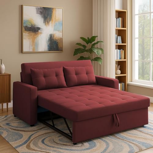 Image of Emilio 2 Seater Pull-Out Sofa Cum Bed | Premium Fabric Convertible Sleeper Sofa Set Space Saving for Living Room Office Home Guests Daily Use | 1 Year Warranty | Maroon Colour Fabric Sofa