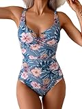 B2prity Women's Underwire One Piece Swimsuit Tummy Control Ruched Bathing Suit Criss Cross V Neck Swimwear Blue Floral