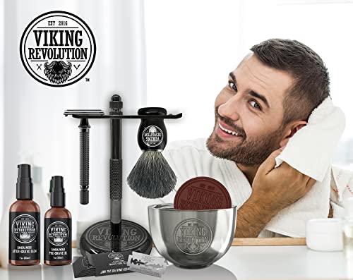 Viking Revolution Luxury Safety Razor Shaving Kit - Includes Double Edge Safety Razor, Stand, Bowl, After-Shave Balm, Pre-Shave Oil, Badger Brush - Safety Razor Kit - Image 4