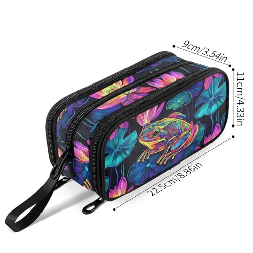 Image of Fustylead Neon Frog and Lily Pads on Black Background Pencil Pen Case with 3 Compartments, Lightweight & Spacious Stationery Bag Cosmetics Bag
